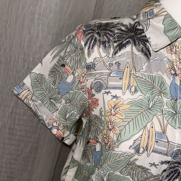 C&C XS Hawaiian Shirt Dress White Green Tropical Surf Boards Beach Toucan - Picture 5 of 10